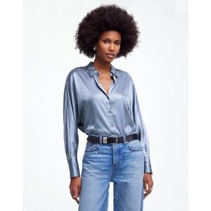 Satin Button-Front Shirt - Steel Blue